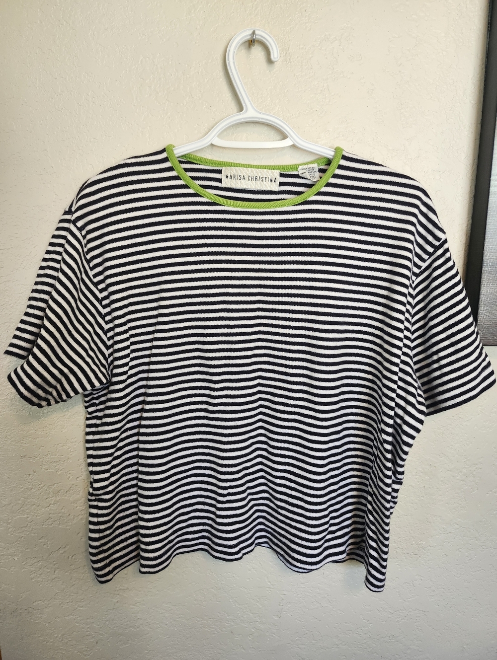 Marisa Christina XL Black and White Striped Tee with Lime Trim 100% Cotton